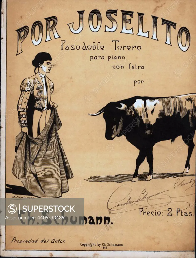 Partitura musical del pasodoble torero Por Joselito, del maestro Ch. Schumann. Año 1915.