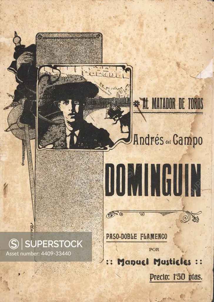 Partitura musical del pasodoble flamenco Dominguín, del maestro Manuel Mustieles. Año 1930.