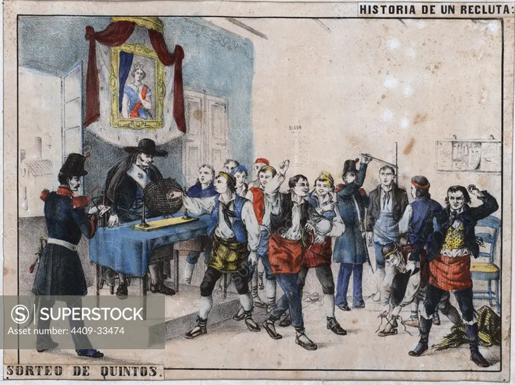 Historia de un recluta. Sorteo de quintos; los mozos conocen su destino militar. Imprenta Paluzie, 1870. Grabado popular pintado al huevo.