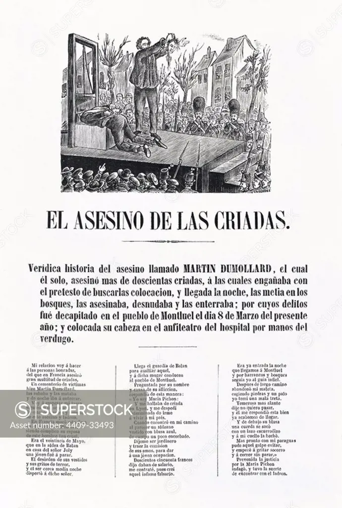 El asesino de las criadas; ejecución en la guillotina de un criminal. Romance popular publicado por Juan Llorens, en Barcelona, en 1862.