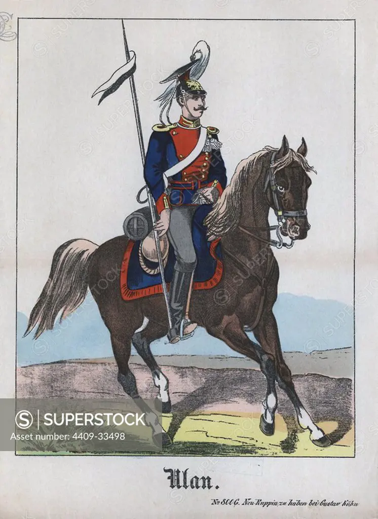 Ulano. Soldado de Caballería ligera, armado de lanza, propio de algunos ejércitos centro-europeos (Polonia, Alemania, ). Grabado popular impreso en Alemania en 1905.