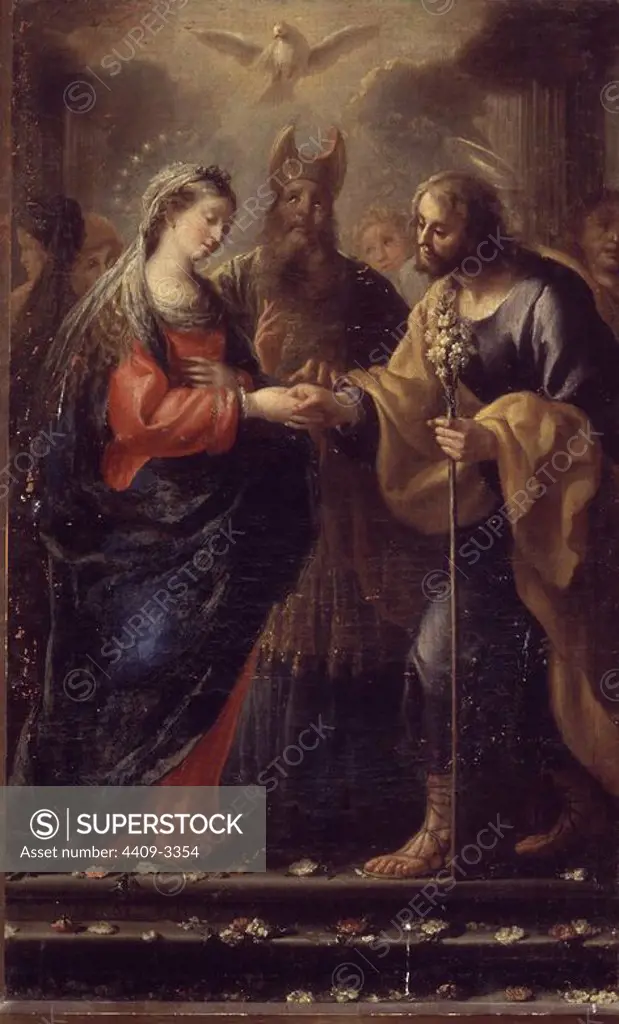 'The Marriage of the Virgin', 1720-1722, Oil on canvas, 136 x 84 cm. Author: LUIS MELENDEZ. Location: Seminario. Toledo. SPAIN. VIRGIN MARY. ESPIRITU SANTO. SAN JOSE ESPOSO DE LA VIRGEN MARIA.
