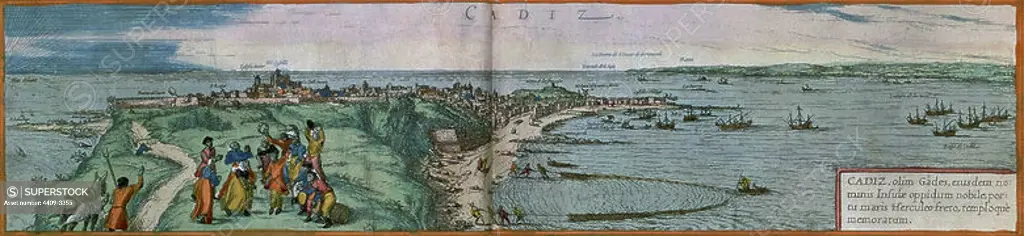 CIVITATES ORBIS TERRARUM - CADIZ - GRABADO - SIGLO XVI - DETALLE DEL NUMERO 3038. Author: GEORG BRAUN 1541-1622 / FRANS HOGENBERG. Location: BIBLIOTECA NACIONAL-COLECCION. MADRID. SPAIN.