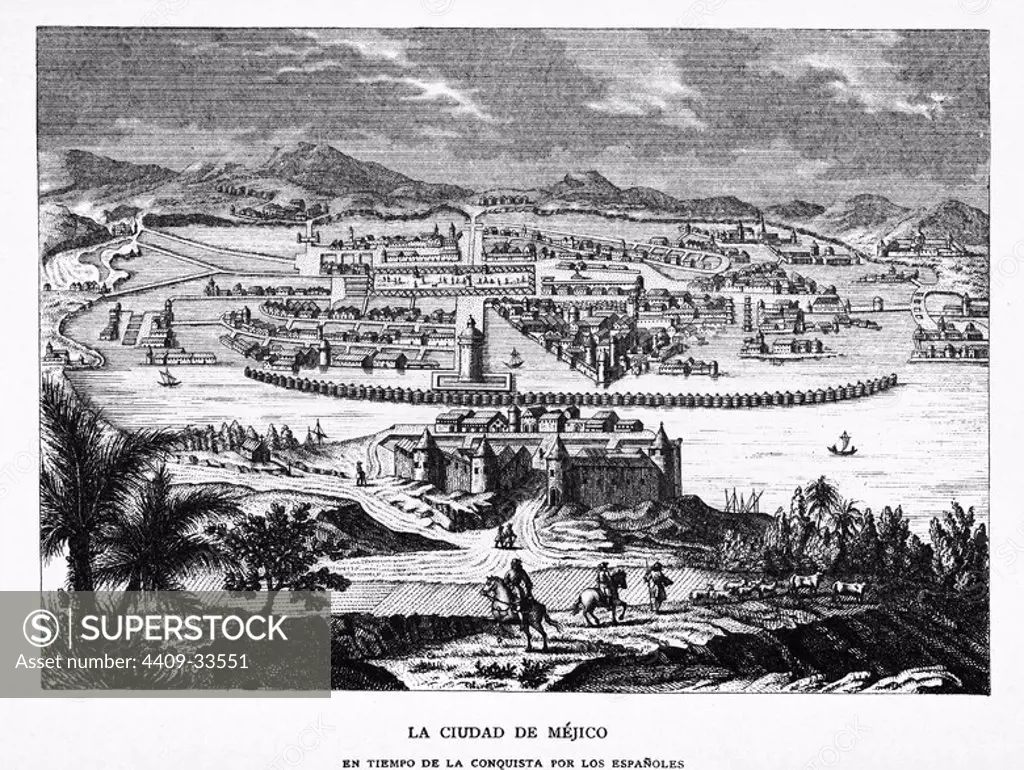 Vista de la ciudad de Méjico en tiempos de la conquista de los españoles. Grabado de 1870.