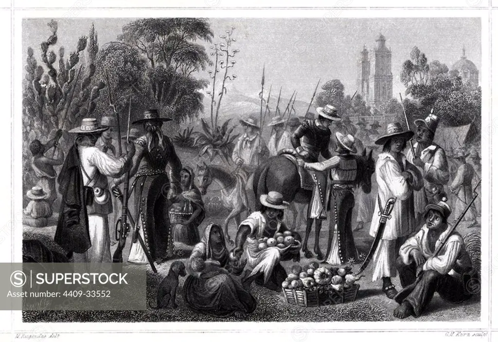 Escena de un mercado de frutas con soldados revolucionarios. Grabado de 1850.