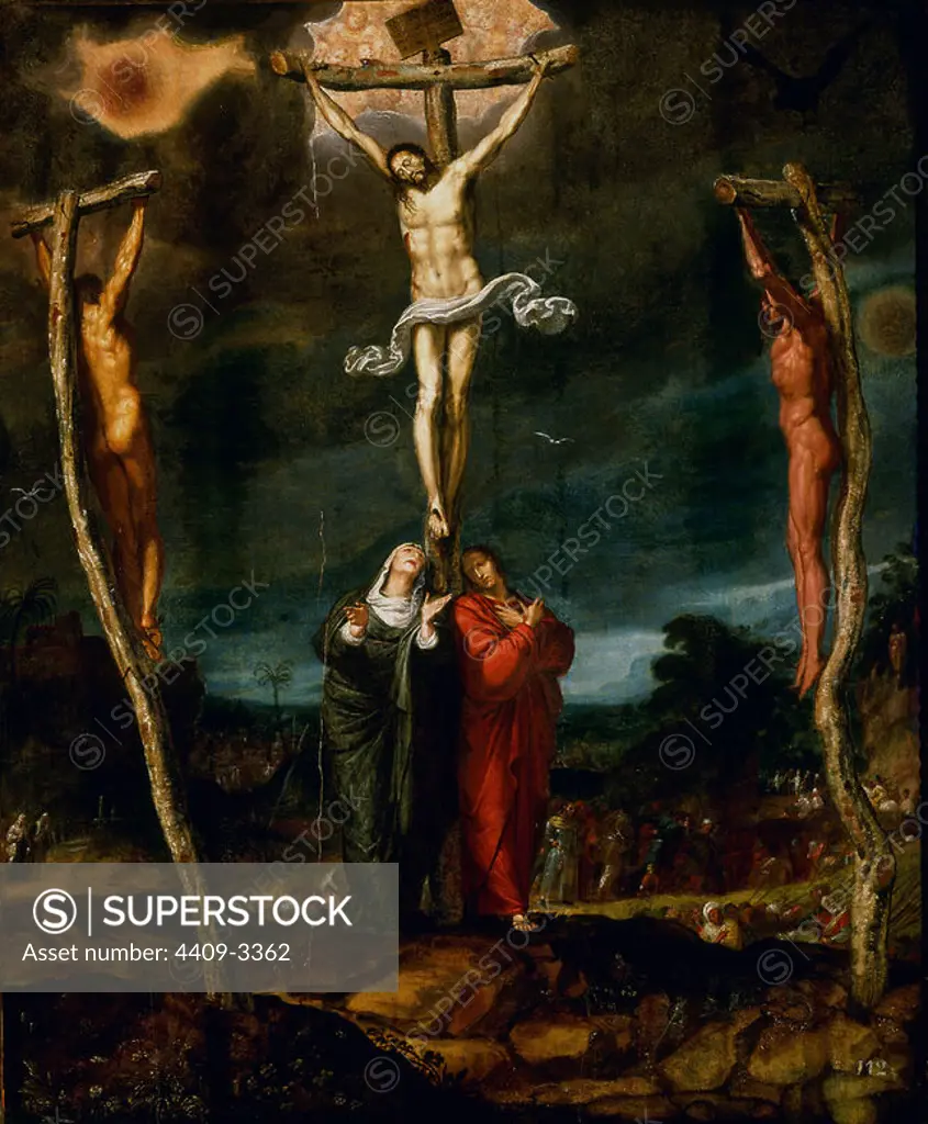 Martyrdom. Christ on the Cross with Mary and St. John. Madrid, Earl Camporrey collection. Location: PRIVATE COLLECTION. MADRID. SPAIN. JESUS. VIRGIN MARY. CRISTO CRUCIFICADO. SAN JUAN EVANGELISTA Y APOSTOL. BUEN LADRON. MAL LADRON.