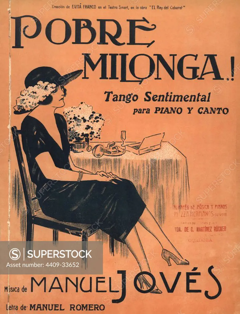 Partitura musical del tango "Pobre milonga", música de Manuel Jovés. Editada en Córdoba (Argentina), 1920.