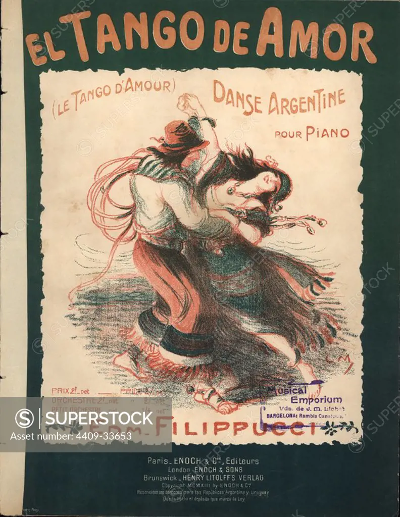 Partitura musical del tango "El tango de Amor", de Edm. Filippucci. Editada por Enoch, París, 1913.