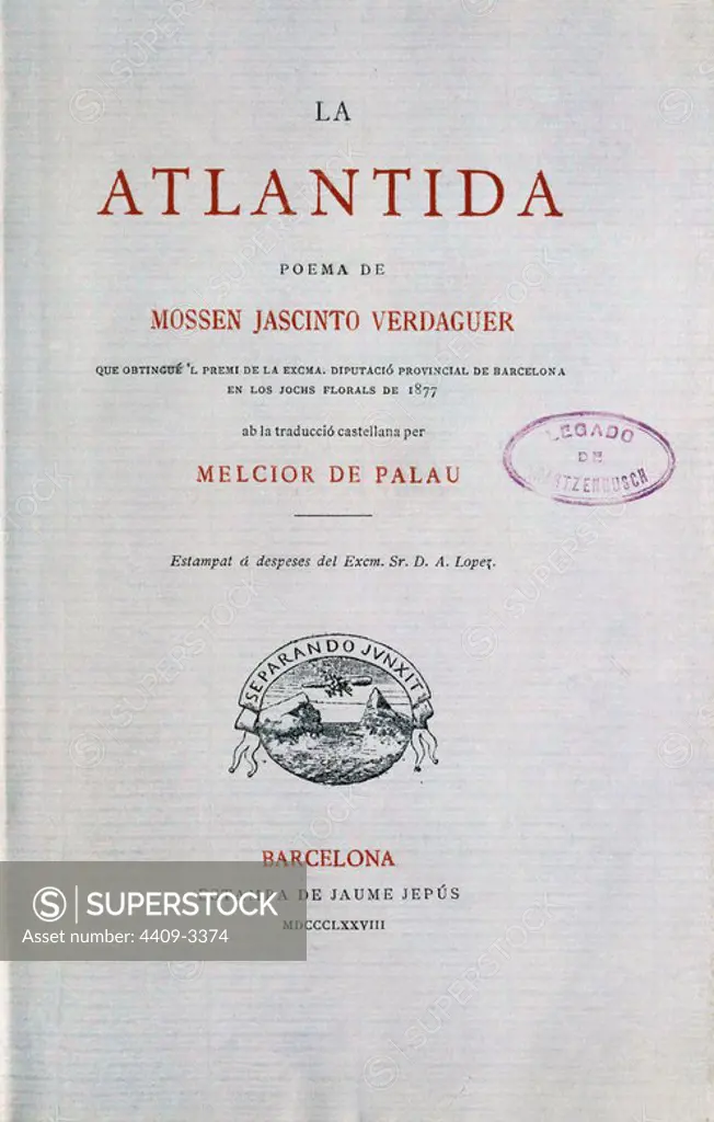 Cover of "La Atlantida". 1878. Madrid, national library. Author: VERDAGUER JACINTO. Location: BIBLIOTECA NACIONAL-COLECCION. MADRID. SPAIN.