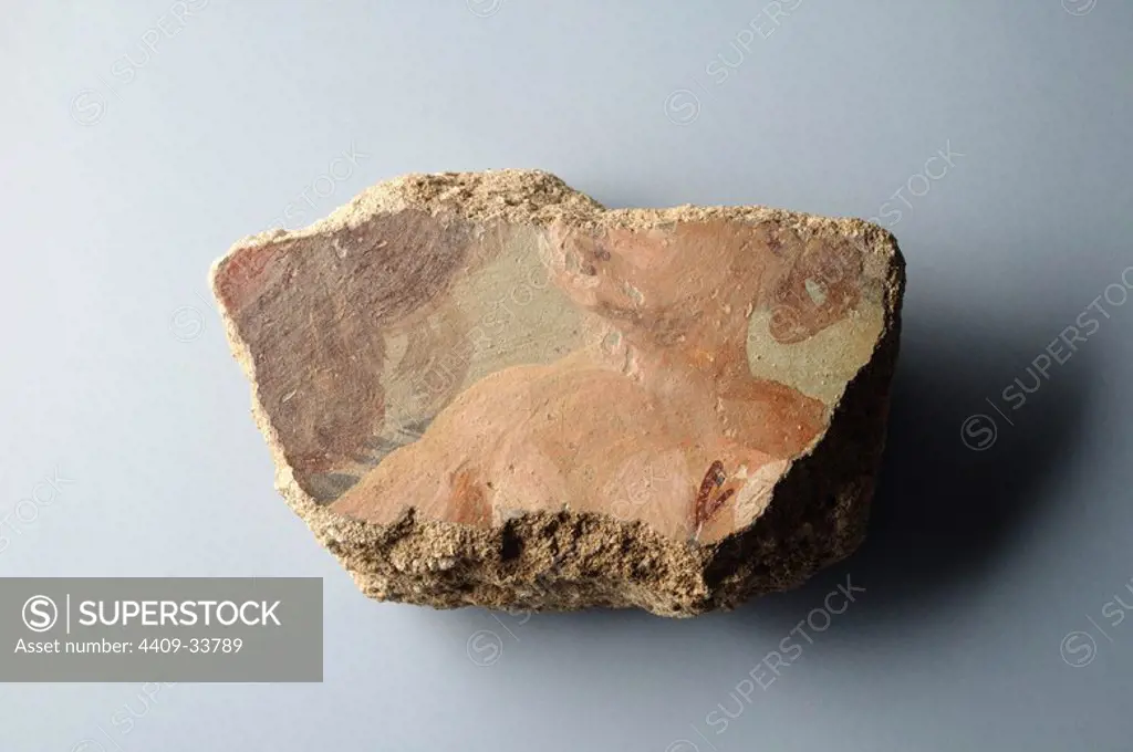 Wall painting with figurative decoration ( Putis ) Green background with dark lines 15, 5 cm x 10, 5 cm x 5 cm. (3rd - 4th CE ) - Roman period, from the "Villa del Val" - Archaeological site of Complutum in Alcalá de Henares (Madrid). SPAIN.