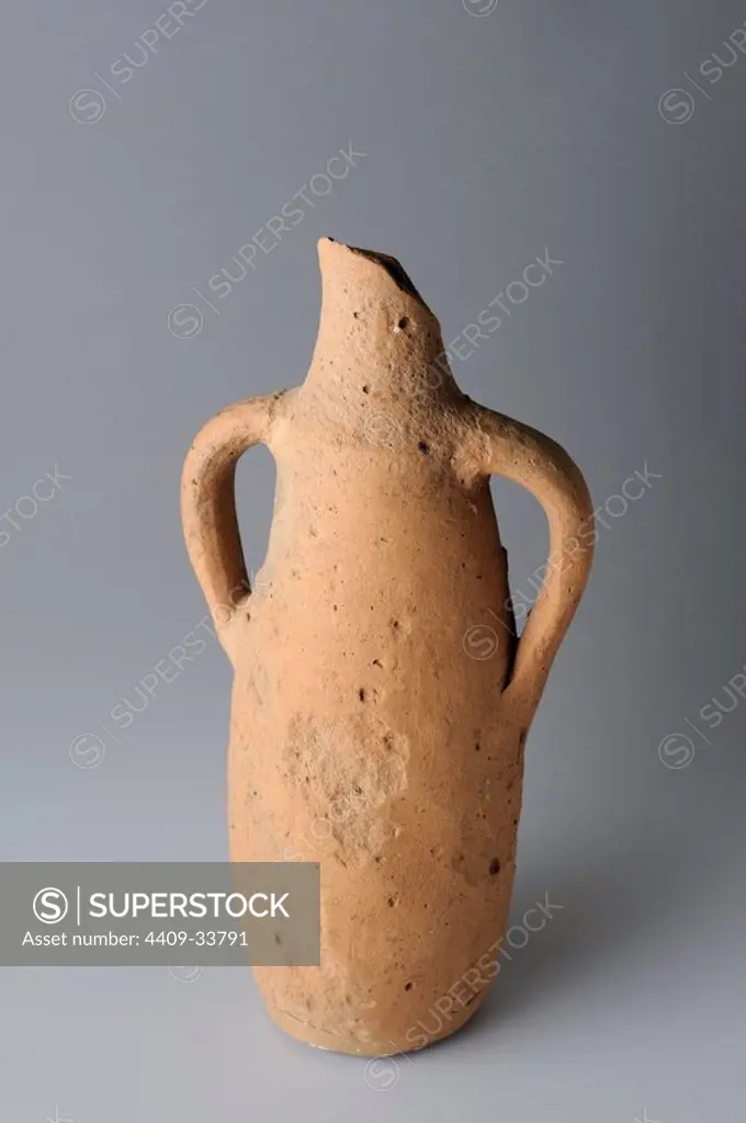 Bitroncoconica body ceramic jar- bottle with two handles. Height 184 mm Width 90 mm (7 th CE ) - Visigoth period from the "Afflicted Necropolis - Villa del Val" - Archaeological site of Complutum in Alcalá de Henares ( Madrid ). SPAIN.