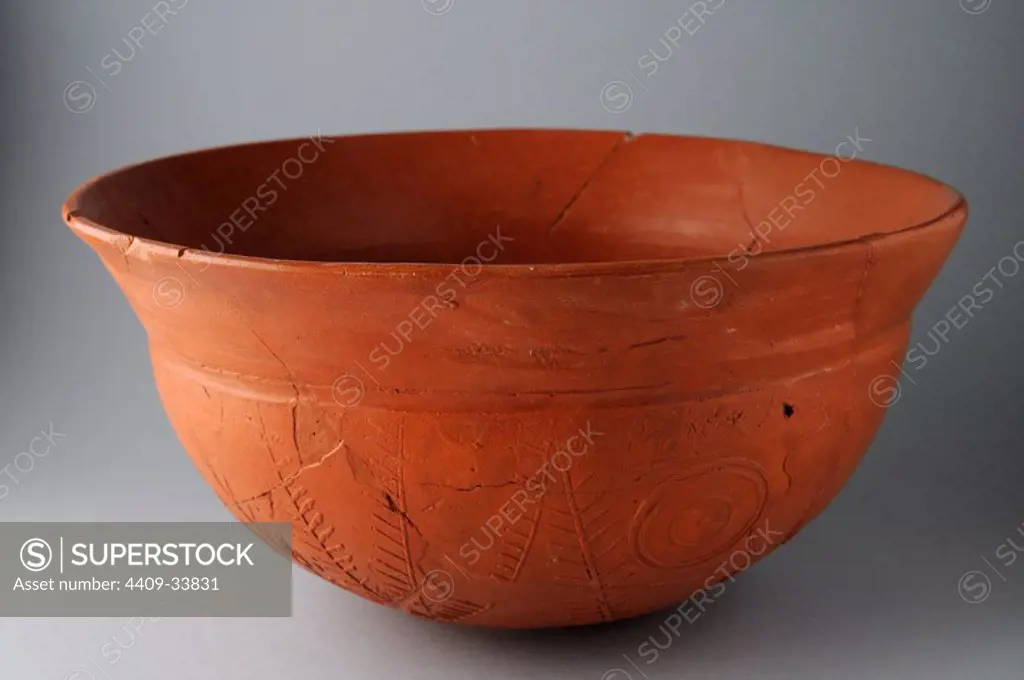 Ceramic bowl , Hispanic Terra Sigillata with geometric decoration and plant, type Drag . 13 x 25 cm. (3rd - 4 th CE ) - Roman period, from the archaeological site of Complutum in Alcala de Henares (Madrid). SPAIN.