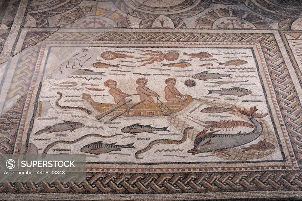 Emblem marine themed mosaic in the main room ( 3 rd CE ) - Roman period, from the" House of Hyppolytus "- Archaeological site of Complutum in Alcalá de Henares (Madrid). SPAIN.