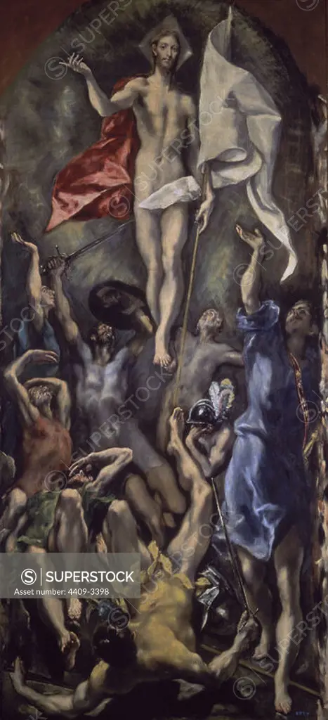 'The Resurrection', 1597-1600, Oil on canvas, 275 × 127 cm, P00825. Author: EL GRECO. Location: MUSEO DEL PRADO-PINTURA. MADRID. SPAIN. JESUS. CRISTO RESUCITADO.
