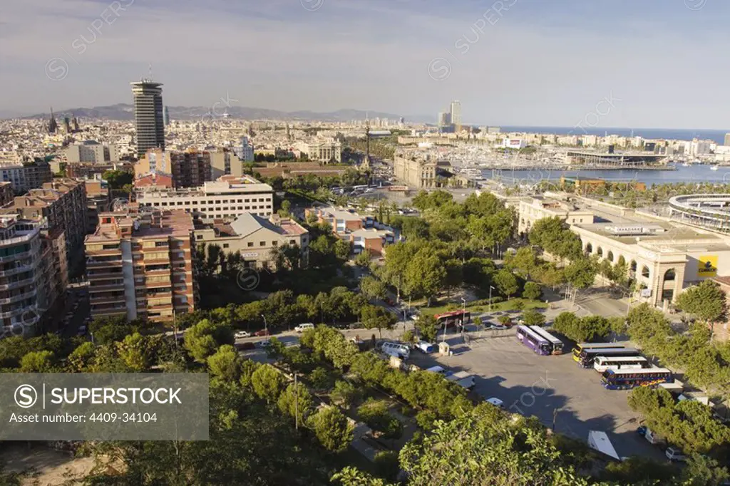 Port Vell harbour from the Miramar balcony. Sants-Montjuich district. Barcelona city. Spain.