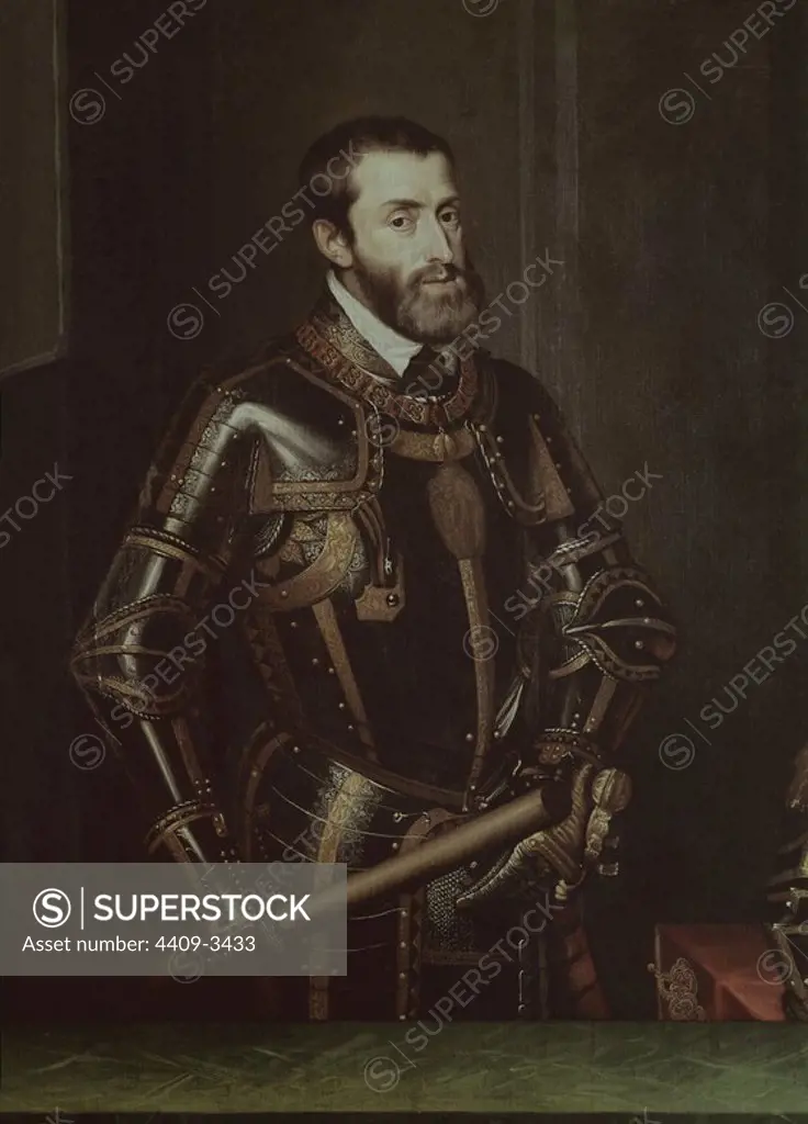 Charles V. Renaissance painting. Monastery San Lorenzo El Escorial. Author: JUAN PANTOJA DE LA CRUZ. Location: MONASTERIO-PINTURA. SAN LORENZO DEL ESCORIAL. MADRID. SPAIN. CARLOS V (CARLOS I). Charles I (V of the Holly Roman Empire).