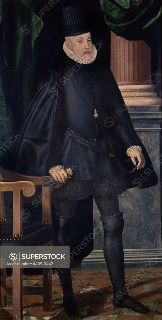 'Portrait of Philip II of Spain', 1590-1598, Oil on canvas. Author: JUAN PANTOJA DE LA CRUZ. Location: MONASTERIO-PINTURA. SAN LORENZO DEL ESCORIAL. MADRID. SPAIN.