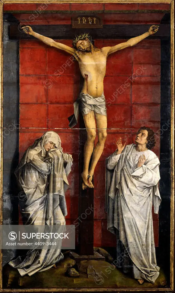 'Christ on the Cross with Mary and Saint John', 15th century, Oil on panel, 325 x 192 cm. Author: ROGIER VAN DER WEYDEN (1399-1464) ROGIER DE LA PAS. Location: MONASTERIO-PINTURA. SAN LORENZO DEL ESCORIAL. MADRID. SPAIN. JESUS. VIRGIN MARY. SAN JUAN EVANGELISTA Y APOSTOL.