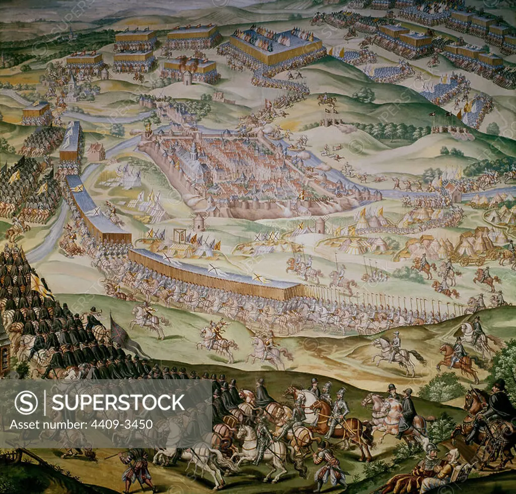 Battle of Saint Quentin - August 1557. Room of the battles of the monastery San Lorenzo del Escorial. Madrid. Author: GRANELLO-TAVARON-CASTELLO Y CAMBIASSO. Location: MONASTERIO-PINTURA. SAN LORENZO DEL ESCORIAL. MADRID. SPAIN.
