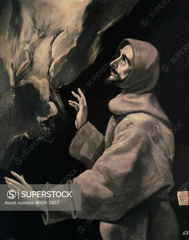 'Saint Francis Receiving the Stigmata', 1585, Oil on canvas, 170 x 87 cm. Author: EL GRECO. Location: MONASTERIO-PINTURA. SAN LORENZO DEL ESCORIAL. MADRID. SPAIN. JESUS. SAN FRANCISCO DE ASIS. CRISTO CRUCIFICADO.