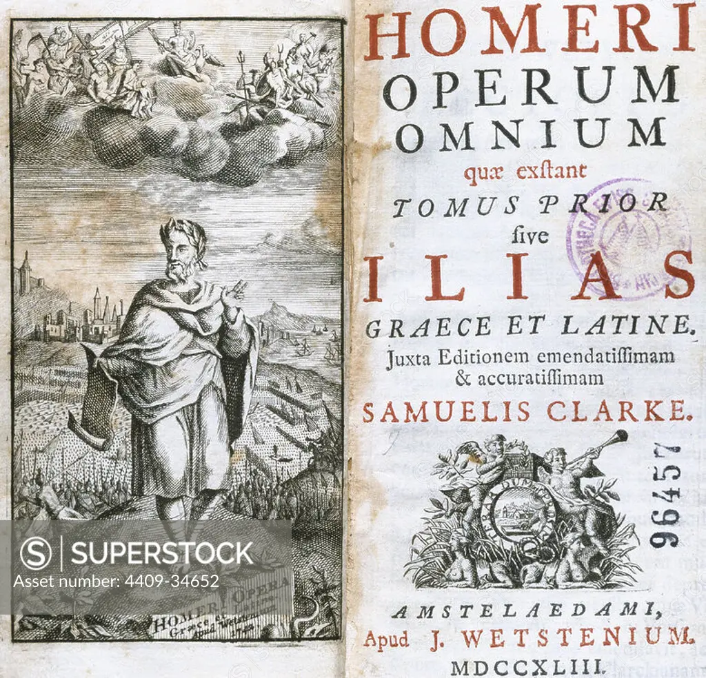 Homer (8th Century B.C.). Greek epic poet. Frontispiece and cover of the Complete Works. Volume First. The Iliad. Set in the Trojan War. Amsterdam, 1743. Episcopal Library. Barcelona. Catalonia.