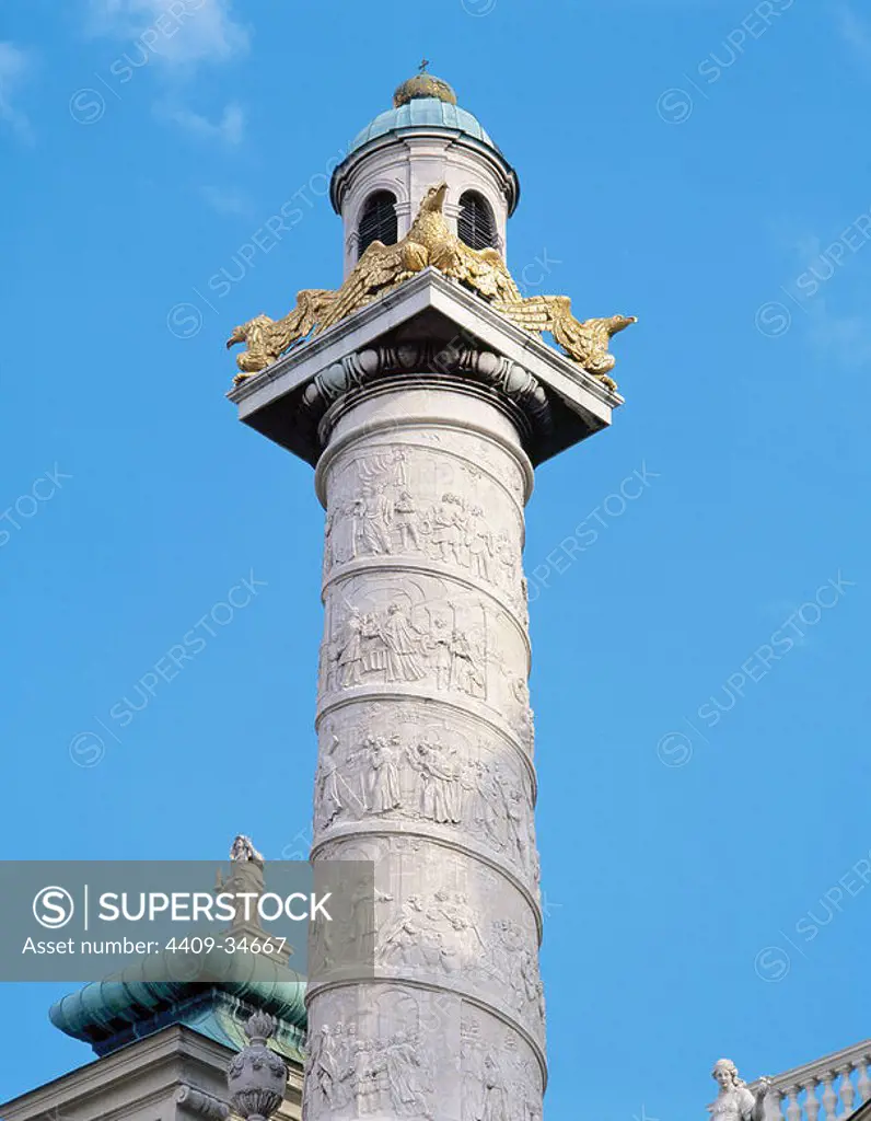 Baroque Art. Karlskirche or Church of St. Charles Borromeo (1716-1737). Column on the left side of the church, decorated with spirals and depicting scenes from the life of St. Charles Borromeo. Vienna. Austria.
