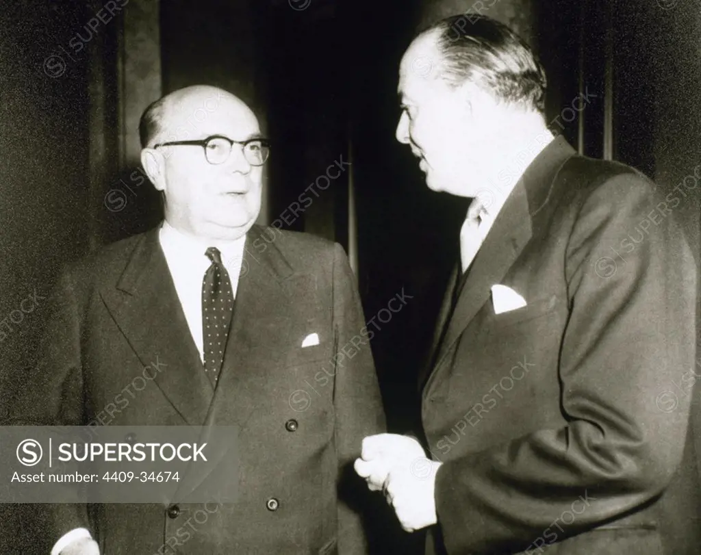 Paul-Henri Spaak (1899-1972). Belgian Socialist politician, Prime Minister of Belgium, and first President of the Common Assembly of the European Coal and Steel Community (1952Ð1954). Peter Thorneycroft, Baron Thorneycroft( 1909-1994) British Conservative Party politician. He served as Chancellor of the Exchequer between 1957 and 1958. Talks on the future European Economic Community, January 15, 1957.