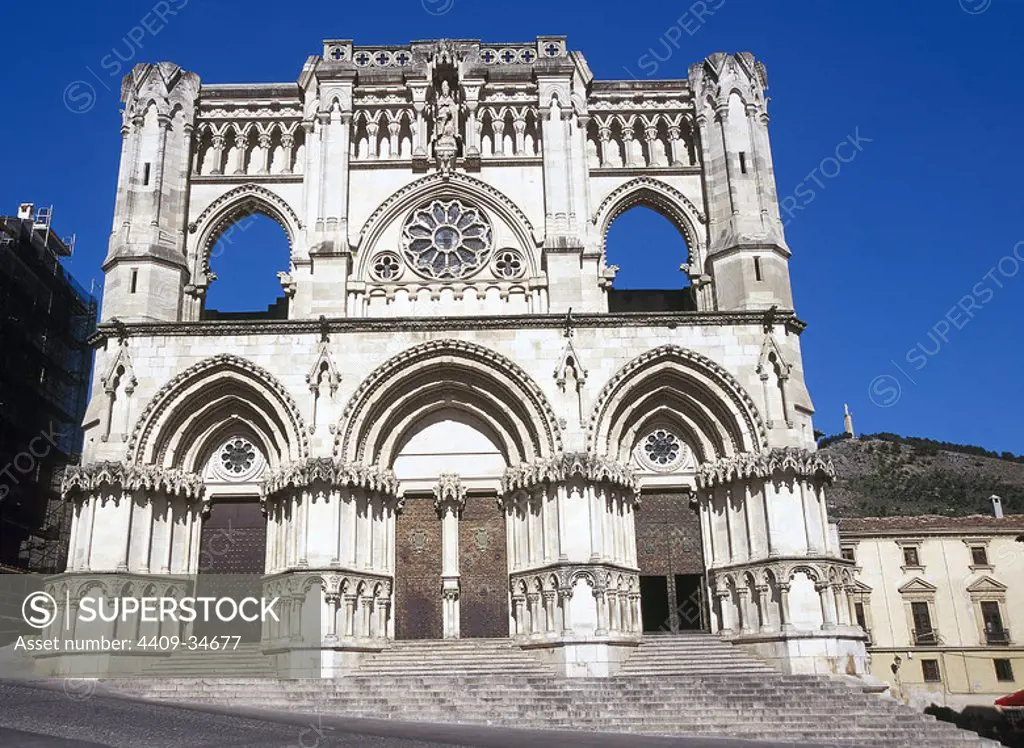 Norman-Gothic art. Cathedral of Our Lady of Grace. Built between the 12th and 13th centuries. National Monument. Facade. Cuenca. Spain.