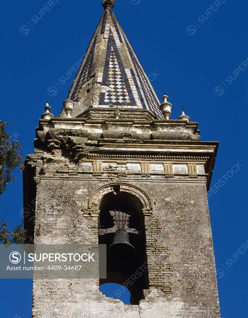 Spain. Andalusia. Sanlucar la Mayor. Church of San Pedro. Mudejar art. Bell tower.