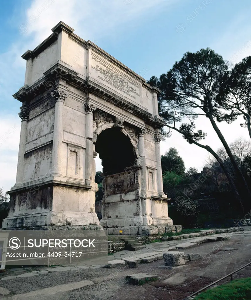 Italy. Rome. The Arch of Titus. It was constructed in c. 82 AD by the Roman Emperor Domitian to commemorate Titus' victories, including the Siege of Jerusalem in 70 AD.