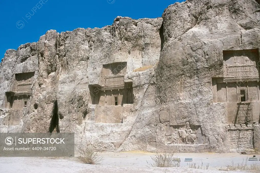 Persian Art. Achaemenid Period. 6th and 5th century B.C. Tombs of kings Darius I, Xerxes I and Darius II, carved into the rock. Necropolis of Naqsh-e Rustam. Around Persepolis. Iran.