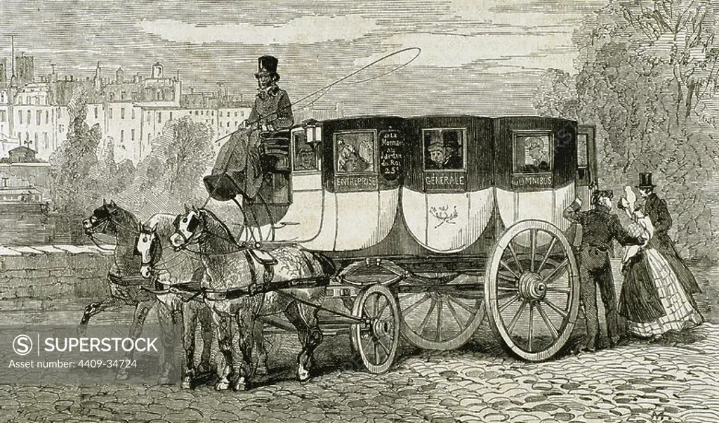 Horse-drawn omnibus. Engraving by H. Linton in "L'Univers Illustre´" (1862).