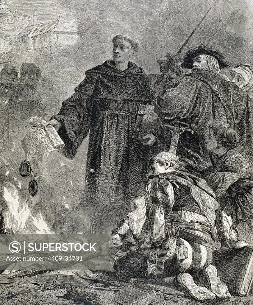 Martin Luther, (Eisleben, 1483, Eisleben, 1546). German reformer. Doctor of Theology and Augustinian priest. In 1517, outlined the main thesis of Lutheranism in Wittenberg. He was excommunicated in 1520. Luther burning the papal bull "Exsurge Domine "(1520) of Pope Leo X. Nineteenth century engraving.