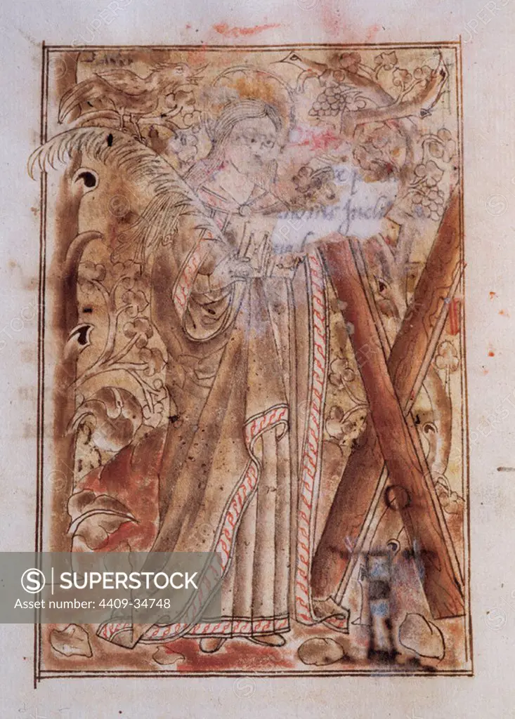 EULALIA DE BARCELONA, Santa (289-304). Virgen y mártir cristiana. Imagen de SANTA EULALIA en la obra "Officia Varia Sanctorum" (siglo XV). Folio 12.