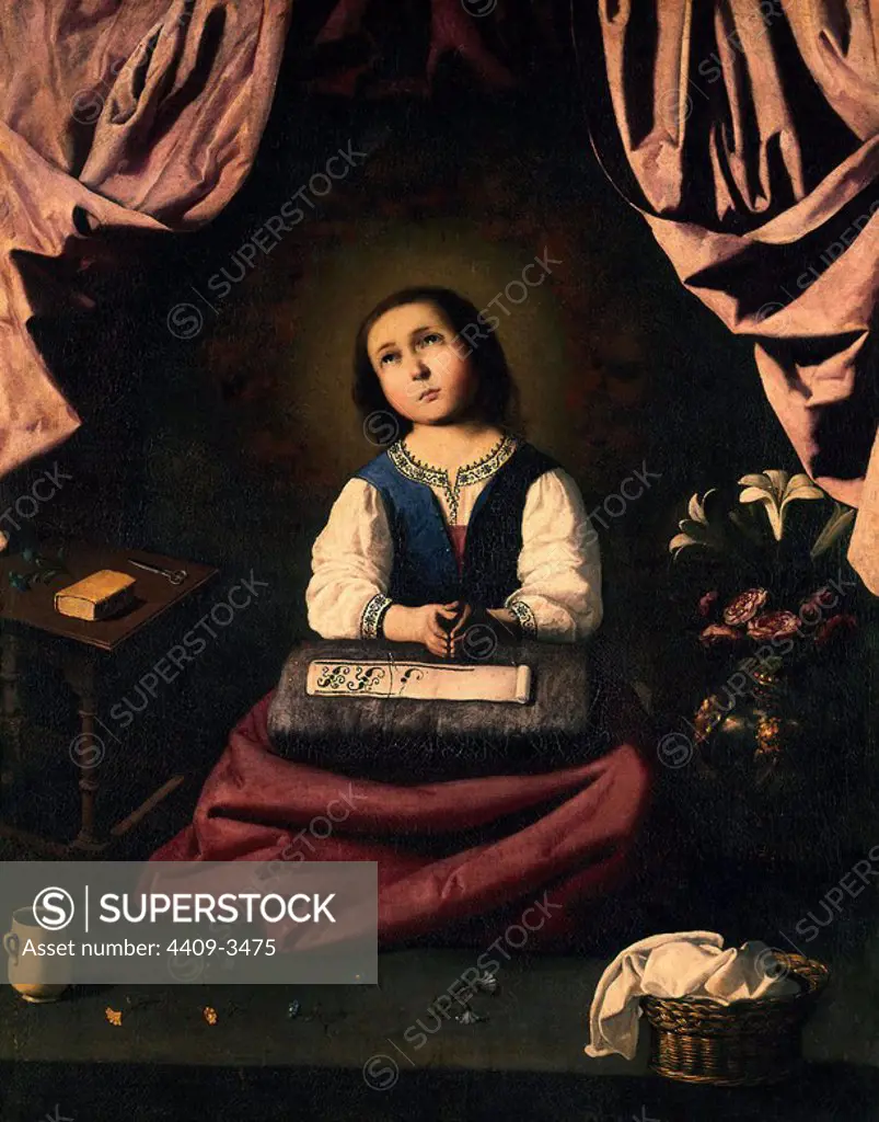 The Virgin as a Child in Ecstasy. 1630. Oil on canvas (117 x 94). Spanish baroque. New York, Metropolitan museum. Author: FRANCISCO DE ZURBARAN. Location: METROPOLITAN MUSEUM OF ART. NEW YORK. VIRGEN MARIA NIÑA.