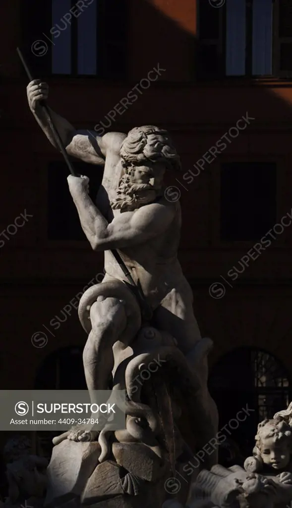 Italy. Rome. Piazza Navona. Fountain of Neptune. Designed in 1574 by Giocomo Della Porta (1533-1602). Detail Neptune.