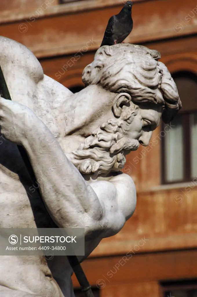 Italy. Rome. Fountain of Neptune, 1574, designed by Giacomo della Porta (1532-1602). Detail of Neptune struggling with an octopus, by Antonio della Bitta (1807-), 1878. Navona Square.