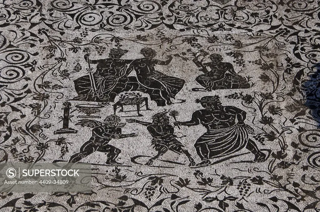 Roman Art. Italy. House of Bacchus and Ariadne. Floor mosaic in black and white. It depicts Bacchus with his wife Ariadne and the struggle of Eros and Pan (love and lust) with an old Silenus as referee. 1st-2nd centuries A.C. Ostia Antica.