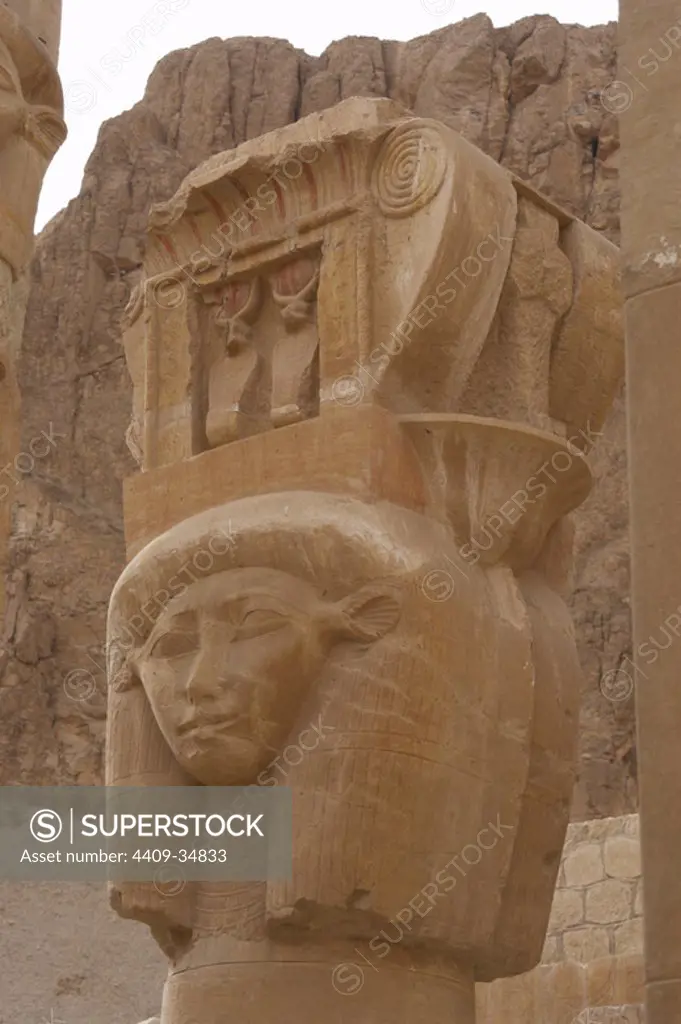 Hathor column pillar belonging to the Chapel of Hathor. Temple of Hatshepsut. Temple of Deir el-Bahari. Eighteenth Dynasty. New Kingdom. Egypt.