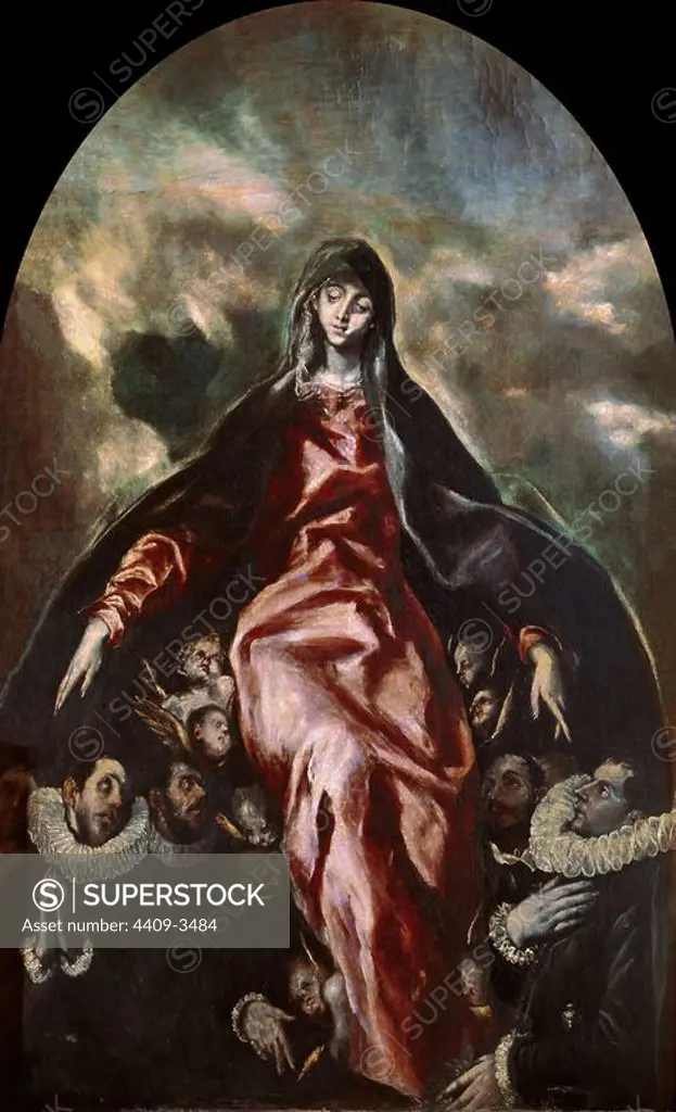 'The Madonna of Charity', 1603-1605, Oil on panel, 180 x 124 cm. Author: EL GRECO. Location: HOPITAL DE LA CHARITE. Illescas. Toledo. SPAIN. JORGE MANUEL THEOTOCOPULI. VIRGEN DE LA CARIDAD. Theotokopulos. EL GRECO HIJO. THEOTOCOPULOS JORGE MANUEL. JORGE MANUEL THEOTOKOPOULOS.