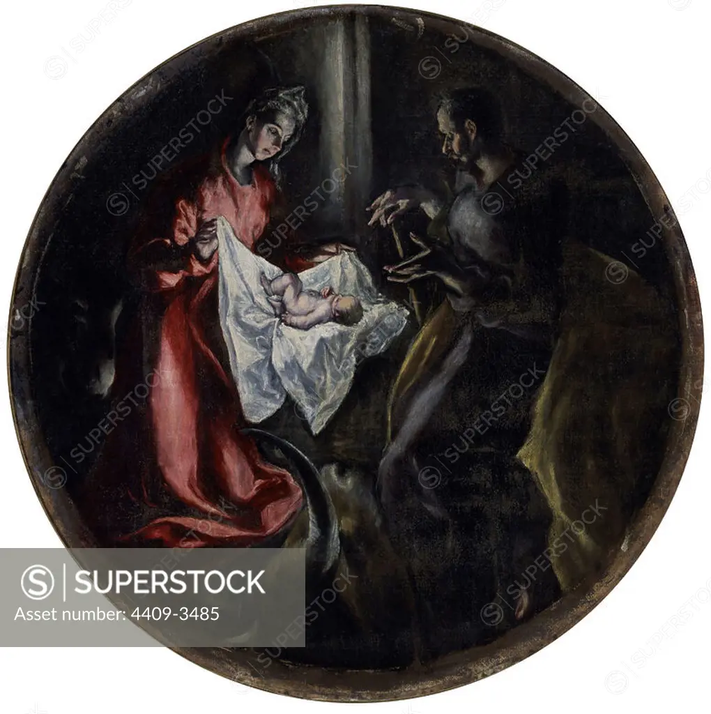 'The Nativity', 1603-1605, Oil on canvas, 128 cm (diameter). Author: EL GRECO. Location: HOPITAL DE LA CHARITE. Illescas. Toledo. SPAIN. CHILD JESUS. VIRGIN MARY. SAN JOSE ESPOSO DE LA VIRGEN MARIA.
