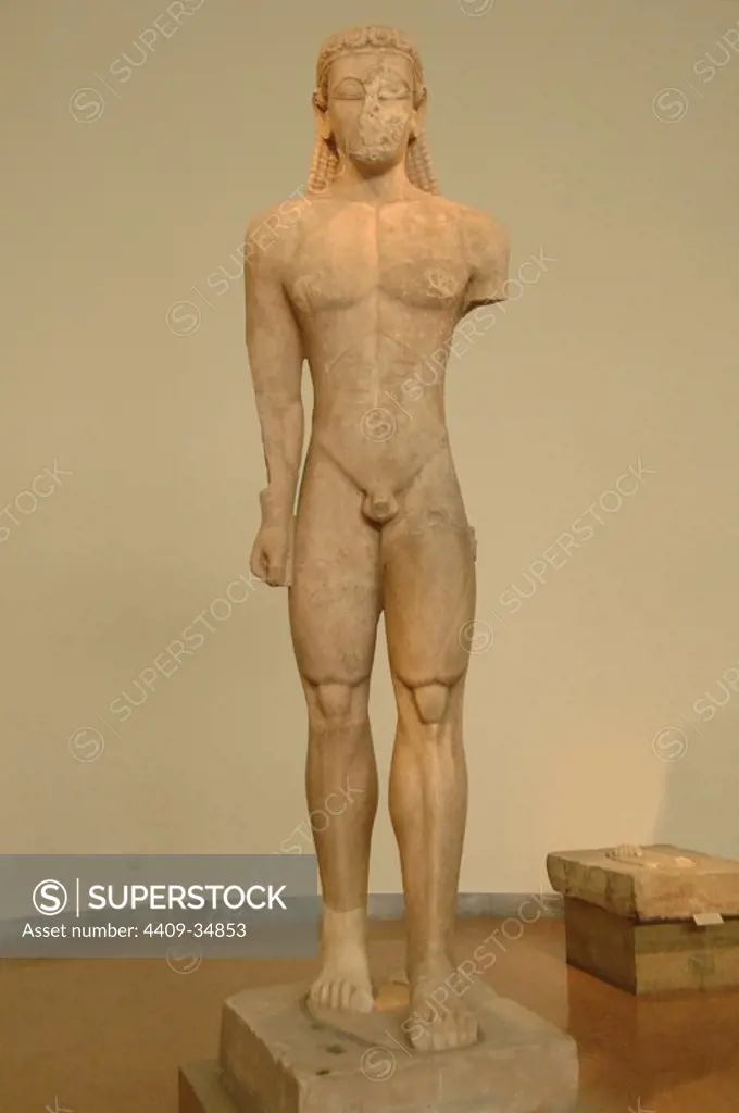 GREEK ART. Archaic period. Greece. Kouros dedicated to Poseidon. Marble of Naxos. Located in Sunion. Dated around 600 a.C. National Archaeological Museum. Athens.