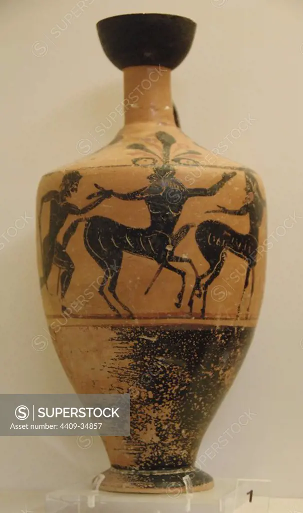 Lekythos black-figure with scenes of Centauromachy. Late 6th century and first half of 5th century BC. Olympia Archaeological Museum. Ilia Province. Peloponnese region. Greece.