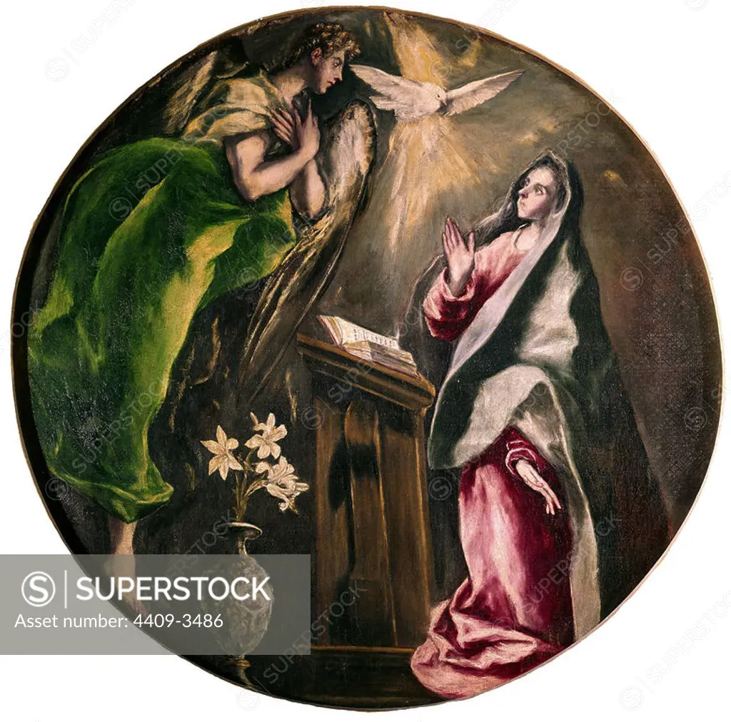 'The Annunciation', 1603-1605, Oil on canvas, 128 x 128 cm. Author: EL GRECO. Location: HOPITAL DE LA CHARITE. Illescas. Toledo. SPAIN. ARCHANGEL GABRIEL. VIRGIN MARY. ESPIRITU SANTO.