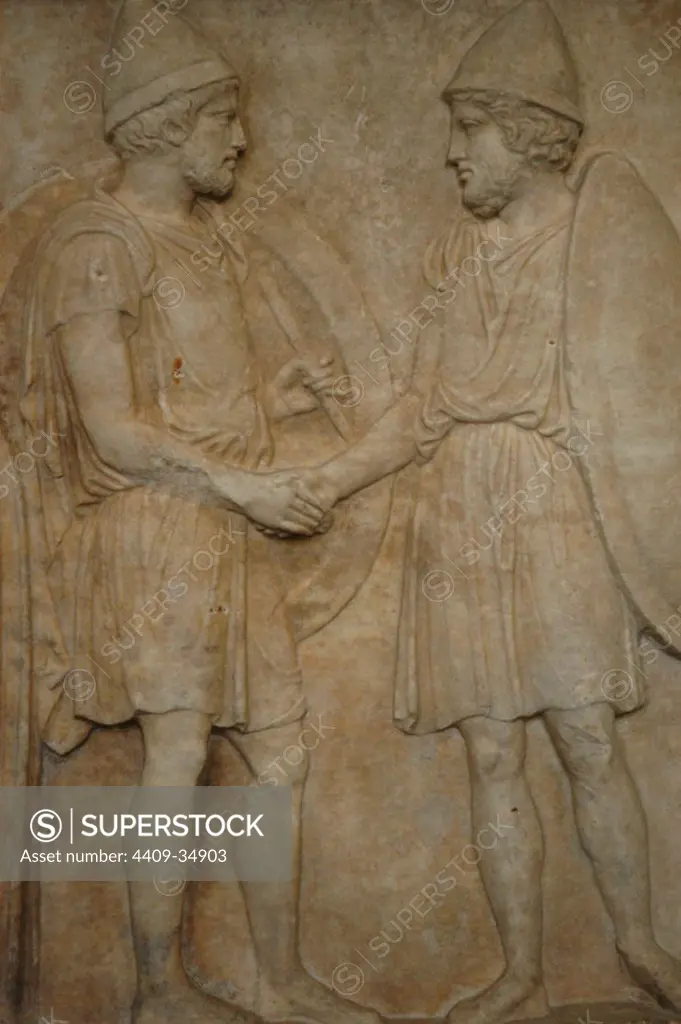Funerary stele of Sosias and Kephisodoros. Detail of two soldiers. 410 BC. Pentelic marble. Found at Athens, Greece. Pergamon Museum. Berlin. Germany.
