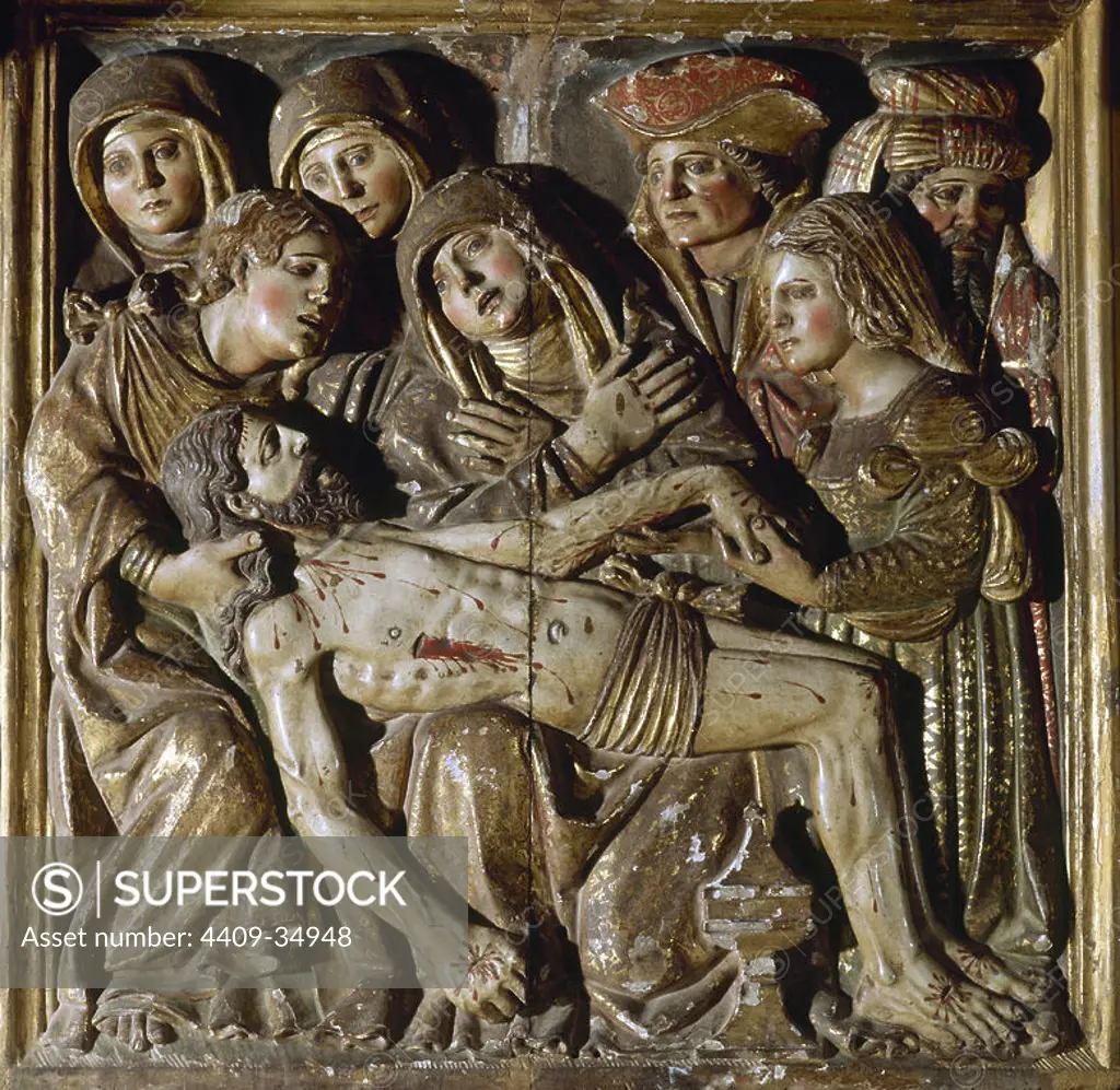 Spain. Limpias. Church of Saint Peter. Main altarpiece. 1777. Rococo. Detail depicting Christ dead in the arms of the Virgin Mary. Pieta.