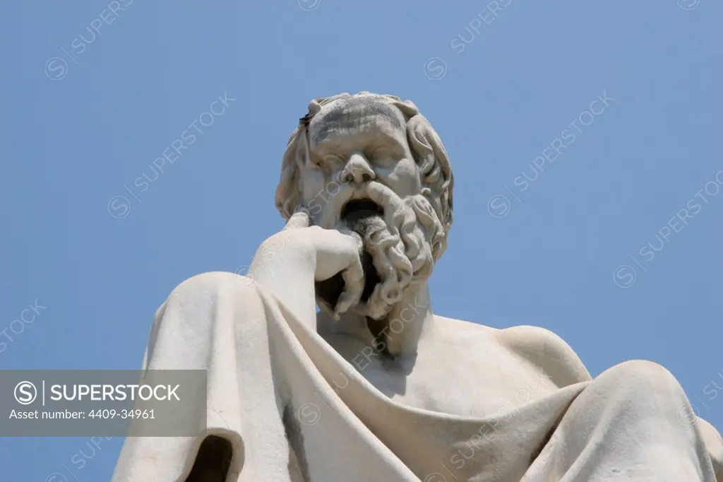 Socrates (469-399 BC). Classical Greek Philosopher. Statue of Socrates at the Athens Academy. Athens. Central Greece. Attica. Europe.