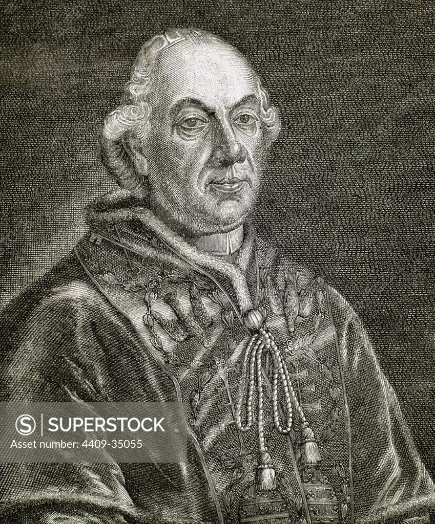 Pius VI (Cesena ,1717-Valence, 1799). Italian pope, named Giannangelo Braschi. Elected in 1775. Engraving by R. Cremer.