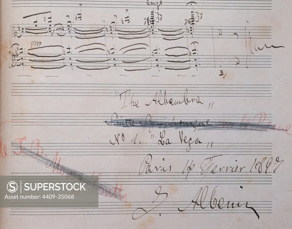 ALBENIZ, Isaac (Camprodón,1860-Cambo-les-Bains, 1909). Compositor y pianista español. "LA ALHAMBRA". Número 1 "La Vega" (final de la obra). Manuscrito firmado en París en febrero de 1897.
