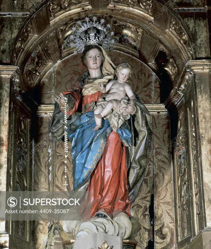 Spain. Limpias. Church of Saint Peter the Apostle. Sculpture of Our Lady of the Rosary. Baroque. Detail.